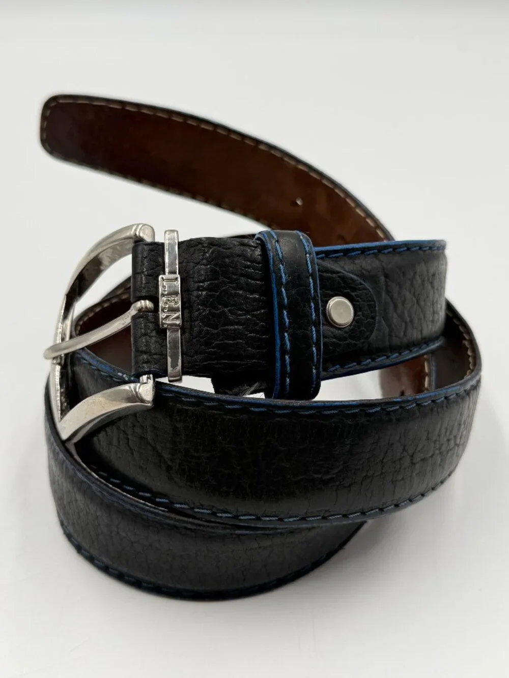 L.E.N. Genuine American Bison Leather Belt USA Solid Brass Buckle Blue Stitching